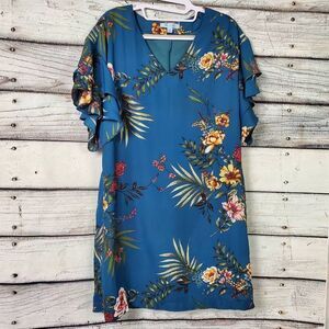 She + Sky Small Teal Floral Print Ruffle Sleeve Shift Dress